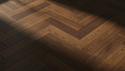 A detailed view of a warm wooden herringbone floor pattern illuminated by gentle shifting natural light that highlights the grain texture and subtle tonal variations of the surface