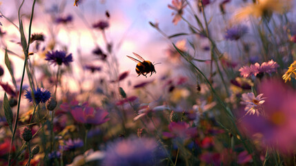 A bee flying amidst a vibrant meadow of wildflowers during sunset, showcasing nature's beauty