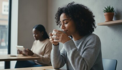 A peaceful moment of a woman enjoying a warm drink in a cozy cafe setting representing comfort connection and simple everyday mindfulness during daytime
