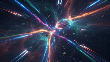 A vibrant cosmic scene of radiant multicolored energy streams and accelerating spacecraft converging toward an abstract central point to symbolize motion exploration and futuristic possibilities
