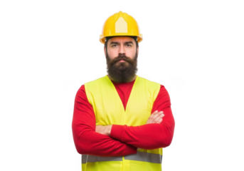 A serious bearded construction worker wearing a yellow hard hat and a high visibility vest with arms crossed isolated on transparent background