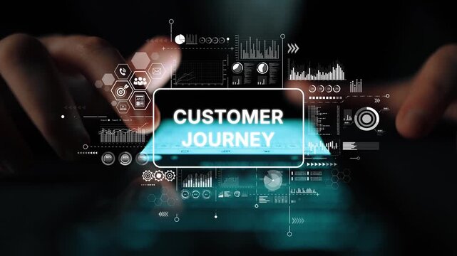 Conceptual representation of customer journey analysis with digital interfaces and data visualizations for business strategies. Asymptotic smart data analytic.