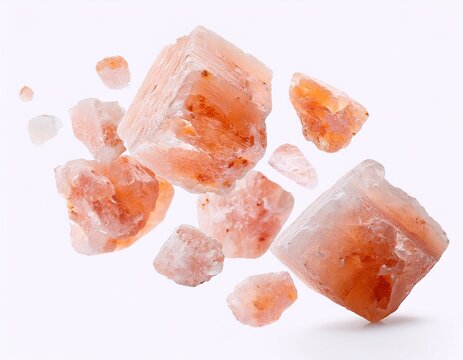 pink himalayan salt crystals floating on white background