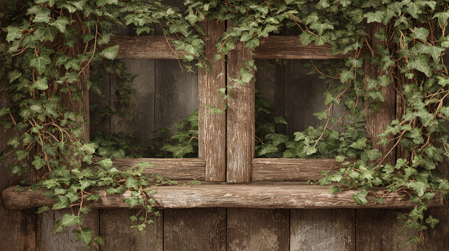 An old wooden window framed by lush green ivy
