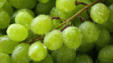 Close-up of fresh green grapes with water droplets, highlighting their natural beauty and freshness