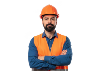 A skilled construction worker wearing an orange hard hat and high visibility vest stands with arms crossed isolated on transparent background