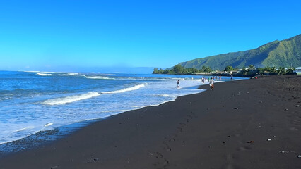 Luxury resort photo of French Polynesia tropical paradise island Fakarava with mountain. Photography with blue Pacific Ocean. Wild beach with black sand. 