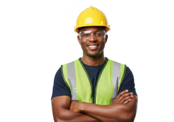 Smiling black male construction worker wearing yellow hard hat safety vest and goggles isolated on transparent background