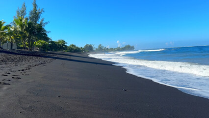 Luxury resort photo of French Polynesia tropical 
paradise island Fakarava with palm trees. Photography with azure ocean, blue sky. Pacific Ocean. Wild beach with black sand.
