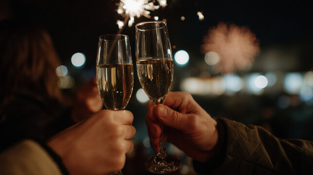 Zwei Leute sto&szlig;en zu Silvester mit Sekt an, Nahaufnahme