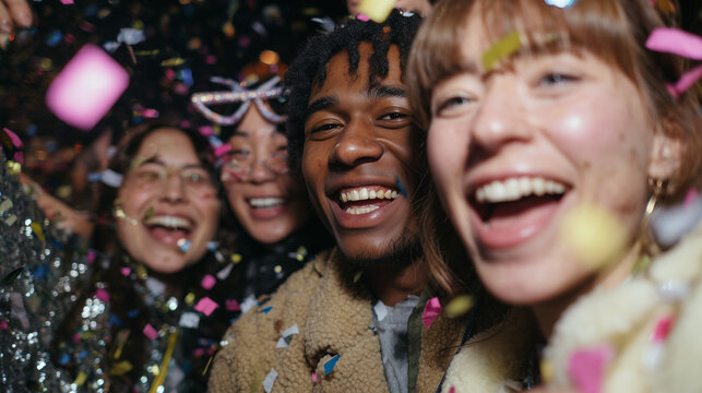 Freundesgruppe feiert ausgelassen mit Konfetti, Nahaufnahme