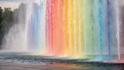 Fototapeta premium Holi dynamic powder waves. Colorful water fountains create vibrant rainbow display in park setting