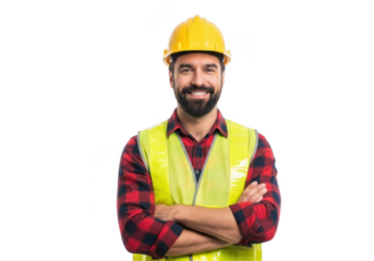 A smiling construction worker wearing a yellow hard hat and a bright yellow safety vest with arms crossed isolated on transparent background