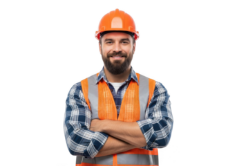 Smiling construction worker wearing orange hard hat and reflective vest with arms crossed isolated on transparent background