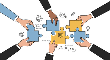 Teamwork and collaboration concept with hands assembling puzzle pieces.