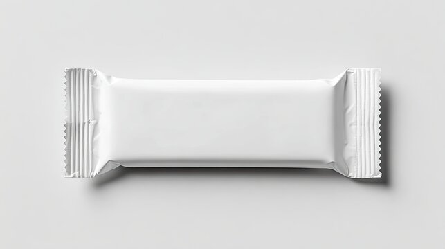 Blank white candy or snack bar wrapper isolated on light background, realistic packaging mockup template