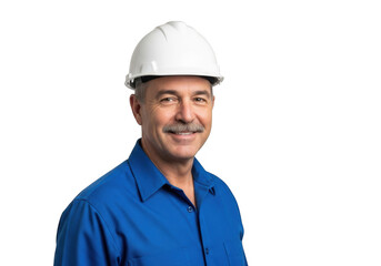 Smiling middle aged man wearing a white hard hat and blue work shirt isolated on transparent background