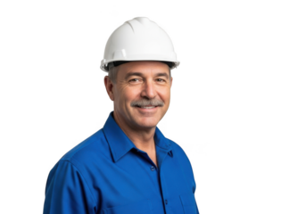 Smiling middle aged man wearing a white hard hat and blue work shirt isolated on transparent background