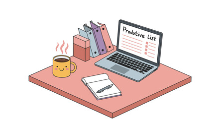 Workspace with laptop, coffee, notepad, and office supplies for productivity.