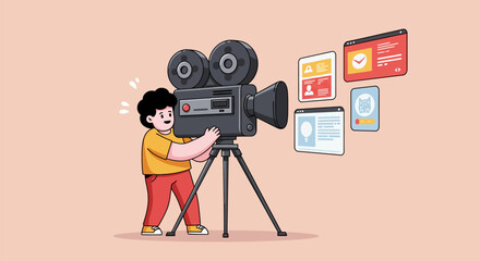 Young filmmaker operating vintage camera, capturing content creation.