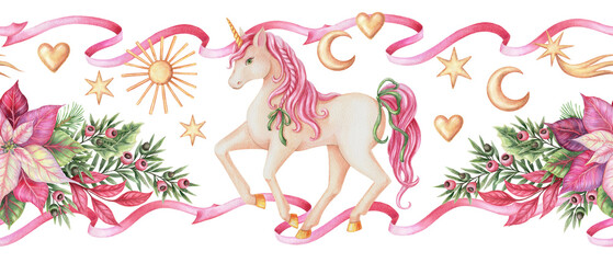 Obraz premium Seamless border with fairytale unicorn and poinsettia flower arrangement in handdrawn watercolor with sparkling texture. Pink and green create a bright fantasy mood. Good for Christmas frame template.