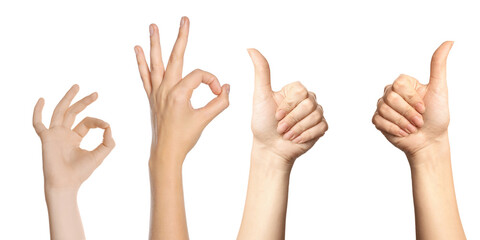 People showing thumbs-up and ok gestures on white background, closeup of hands. Collection