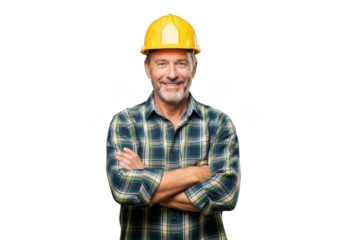 Smiling construction worker with crossed arms wearing a yellow hard hat and plaid shirt isolated on transparent background