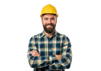 Smiling bearded construction worker wearing yellow hard hat and plaid shirt with arms crossed isolated on transparent background