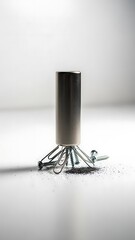 Obraz premium Magnetic metal cylinder tool attracting screws and clips on white surface still life product shot