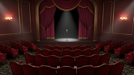 Empty theater stage with red velvet seats and spotlight