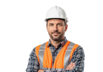 A confident construction worker wearing a white hard hat and bright orange safety vest with arms crossed isolated on transparent background