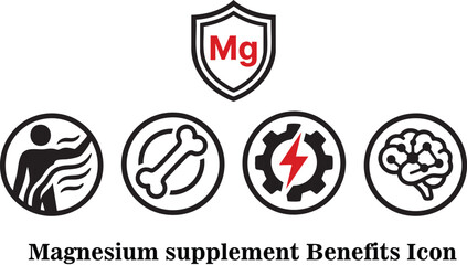 Magnesium Health Benefits Icons: Support for Muscle, Bones, and Energy, Magnesium vector Icons 