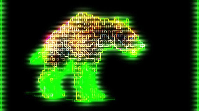 Digital glowing bear walking in abstract circuit pattern