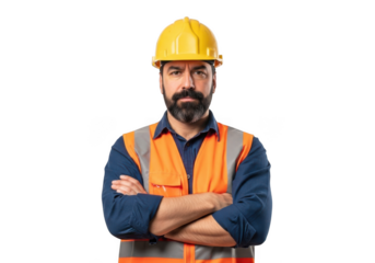 A bearded construction worker wearing a yellow hard hat and orange safety vest stands confidently with arms crossed isolated on transparent background