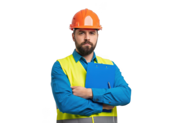 Serious bearded construction worker wearing orange hard hat and yellow safety vest holding blue folder isolated on transparent background