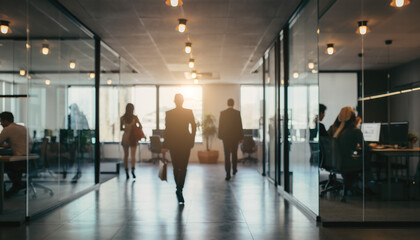 Fototapeta premium Business professionals walk through an office space with glass walls during late afternoon hours