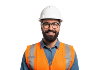 Smiling bearded man wearing safety hard hat and high visibility vest with glasses isolated on transparent background