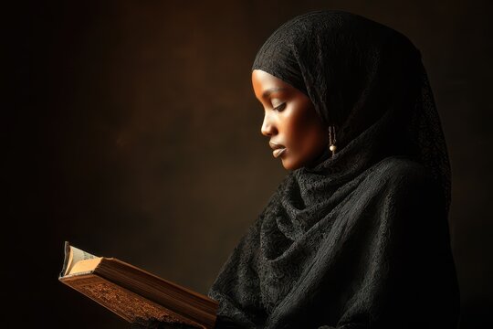 Somali Woman Engaged in Prayer: Black Muslim Woman Studying the Quran Indoors