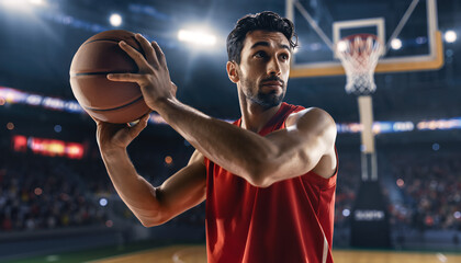 Basketball player prepares to shoot while focused on the hoop during a game in an indoor arena at night