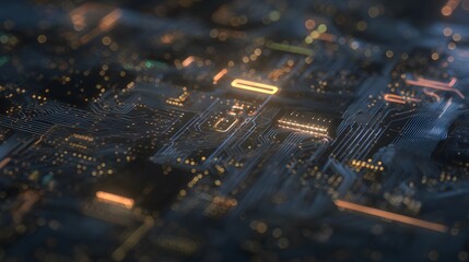 Glimpse into a futuristic circuit board revealing intricate glowing microchip pathways