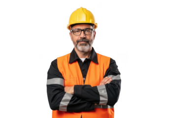 Serious bearded man wearing yellow hard hat and orange safety vest with arms crossed isolated on transparent background