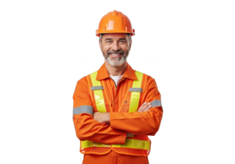 Smiling caucasian construction worker wearing orange protective suit and hard hat with arms crossed isolated on transparent background