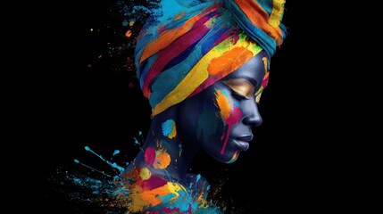 Obraz premium Vibrant Portrait of a Black Woman: Cultural Expression Through Modern Turban Art