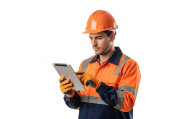 Construction worker wearing safety helmet and high visibility vest using a tablet computer isolated on transparent background