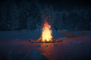 3d rendering of bright campfire with sparks and particles in front of snowy pine trees