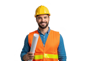 Smiling construction worker wearing a yellow hard hat and orange safety vest holding rolled blueprints isolated on transparent background