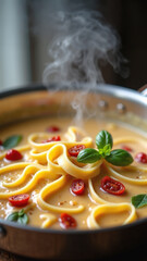 Spaghetti with rich bechamel sauce garnished with fresh basil leaves. Classic Italian pasta dish with hearty ground beef tomato sauce on rustic plate.