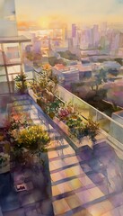 Obraz premium Serene rooftop garden sunset cityscape watercolor painting evokes peaceful airy reflections