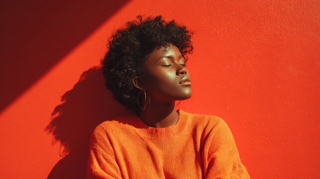 Vibrant Red Portrait of a Young Afro Woman Embracing Nature in Daylight
