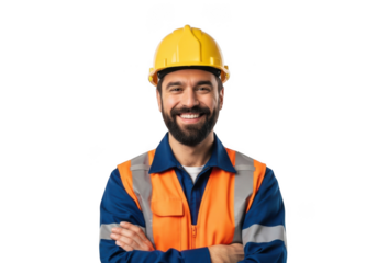 Smiling bearded man wearing yellow hard hat blue work shirt and orange safety vest arms crossed isolated on transparent background
